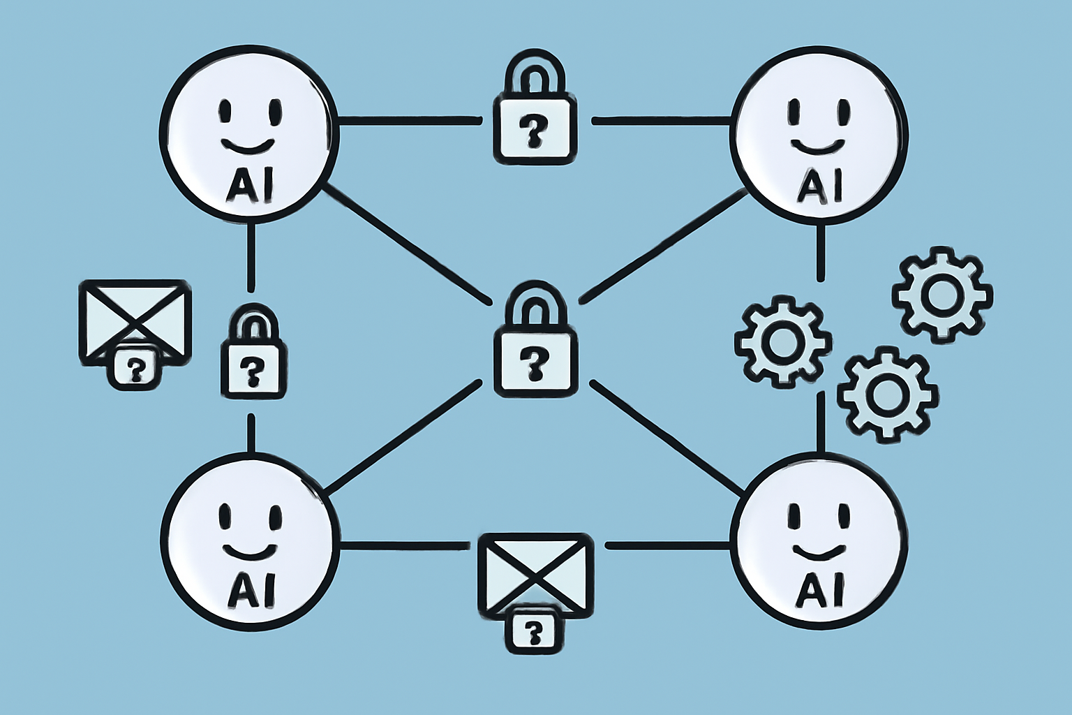 AI agents represented as nodes in a secure, interconnected peer-to-peer network, exchanging encrypted messages and collaborating on tasks.