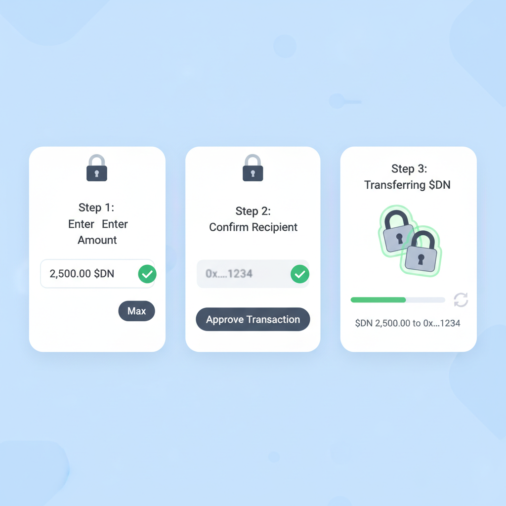 secure wallet withdrawal interface, $DN tokens transferring, lock icons, green checkmarks, high security UI