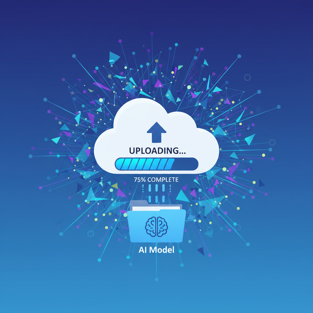 uploading AI model file to cloud platform, progress bar filling, neural network visuals exploding in background, vibrant blues