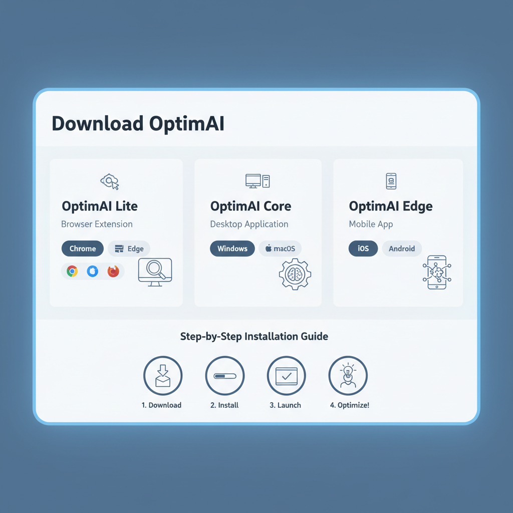 clean screenshot of OptimAI download page showing Lite browser extension, Core desktop app, Edge mobile options