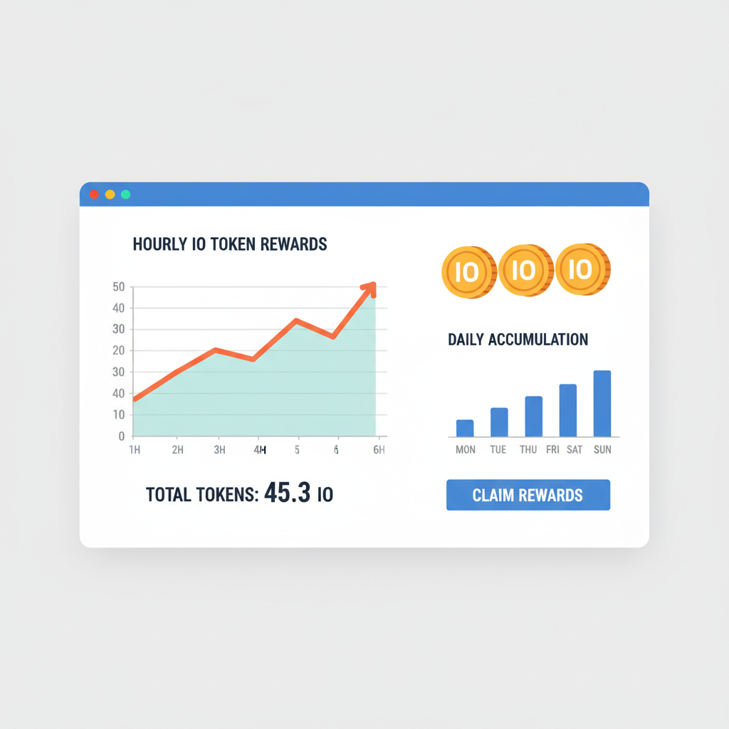dashboard showing hourly IO token rewards accumulating, graphs and coins