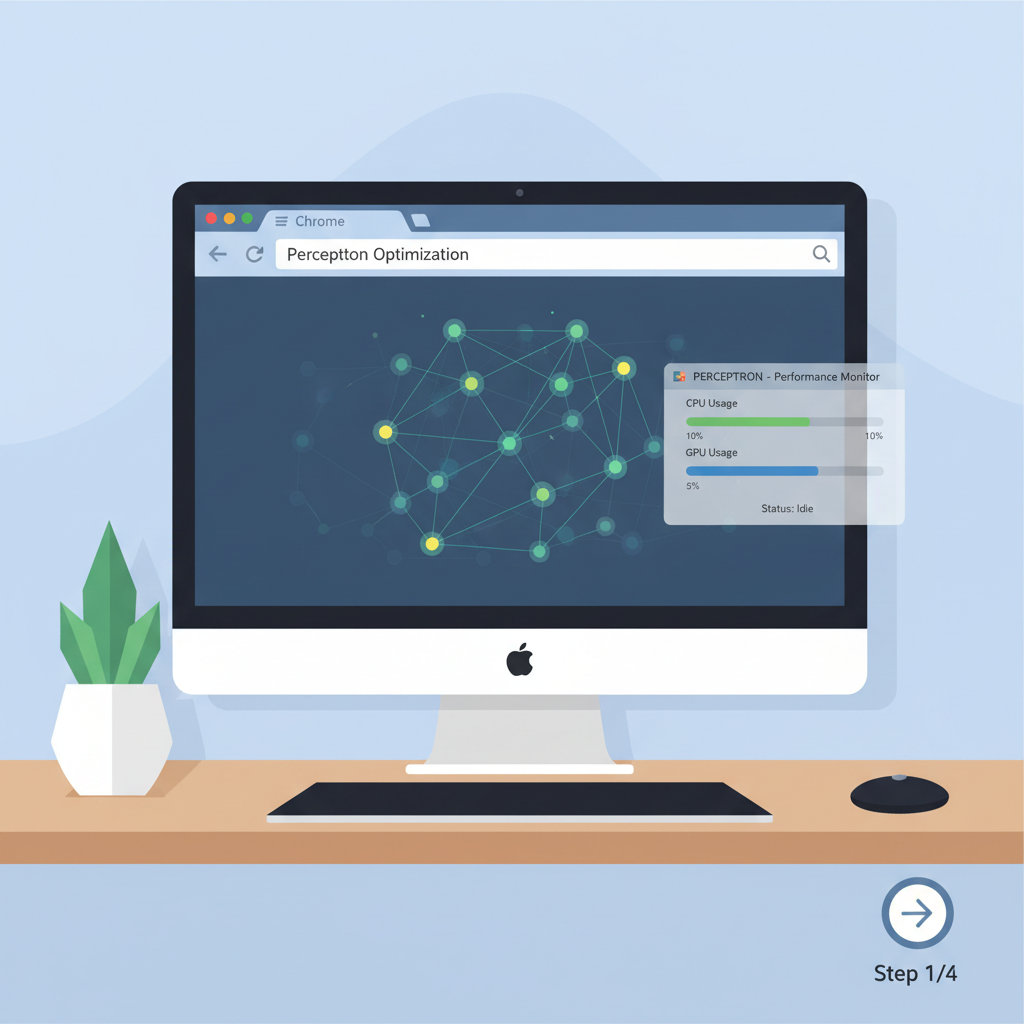 Desktop setup with Chrome open, Perceptron running background, performance graphs low usage