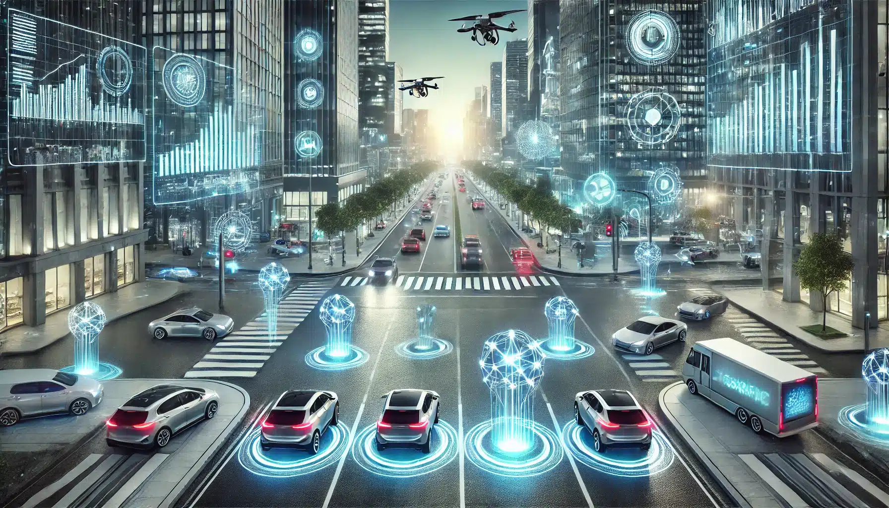 Fleet of autonomous vehicles exchanging data over a decentralized AI-powered network in a futuristic cityscape, illustrating DePIN technology in 2025.