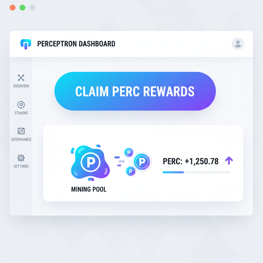 perceptron dashboard claim perc rewards button, tokens flowing in, exciting crypto ui