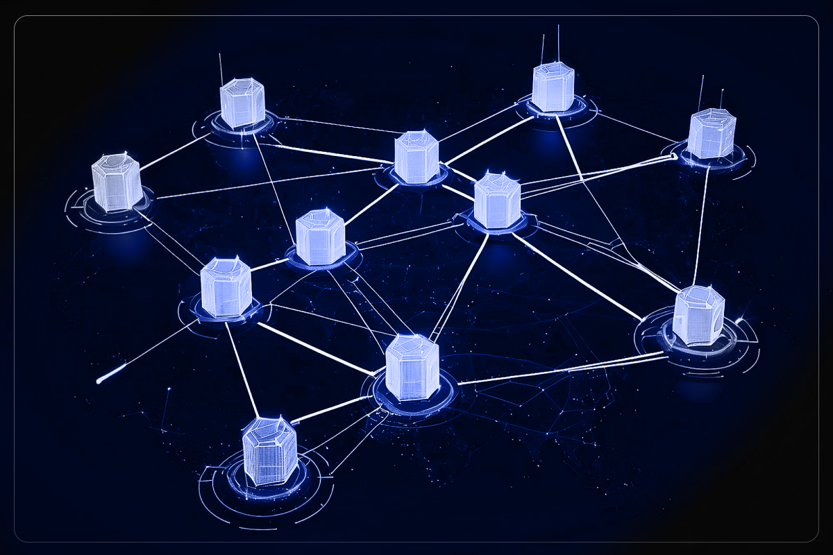 Illustration of a decentralized AI compute network connecting edge devices globally for real-time Web3 inference
