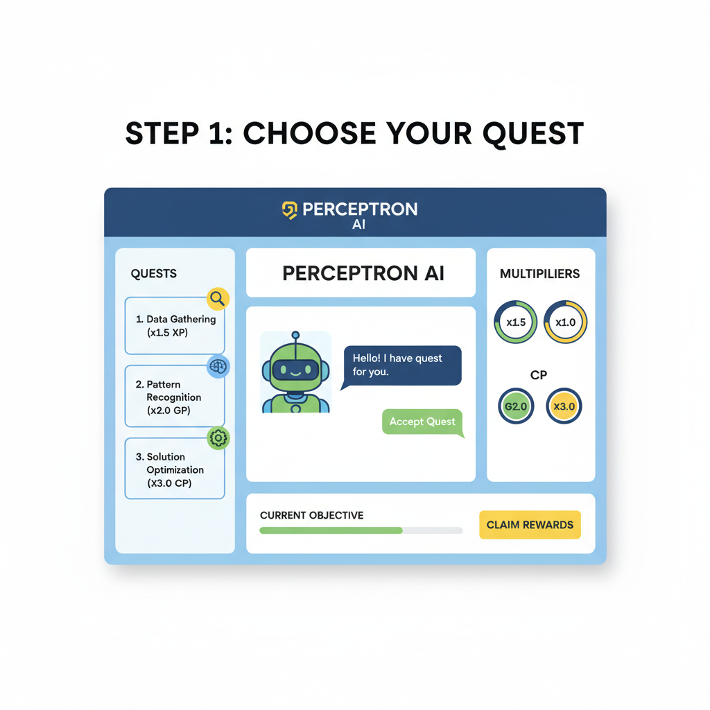 perceptron ai agent interaction screen, chat quests multipliers, gamified ai interface