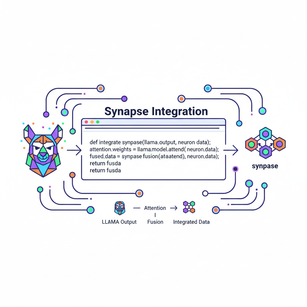 /synapse integration code snippet with llama model flow, interconnected neural nodes, vibrant innovative digital art