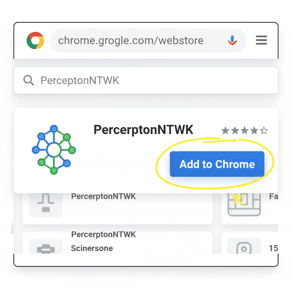 clean screenshot of Chrome Web Store search for PerceptronNTWK extension with Add to Chrome button highlighted
