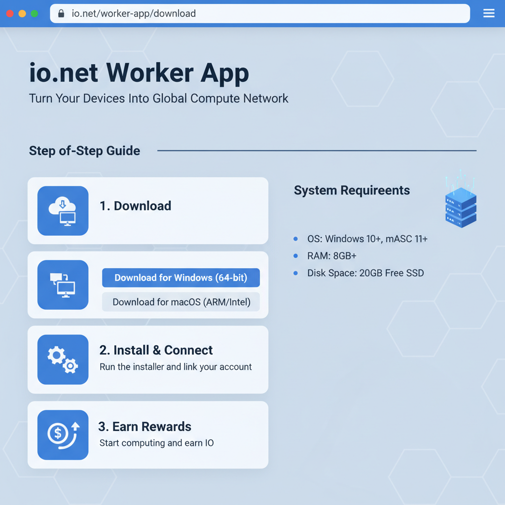 clean screenshot of io.net worker app download page on desktop, tech blue tones