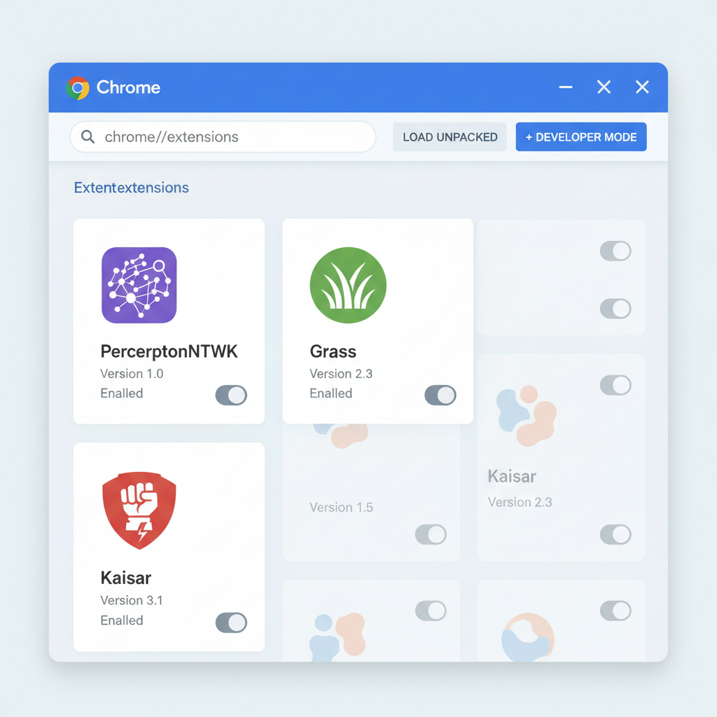 Chrome extensions page with PerceptronNTWK, Grass, and Kaisar icons installed
