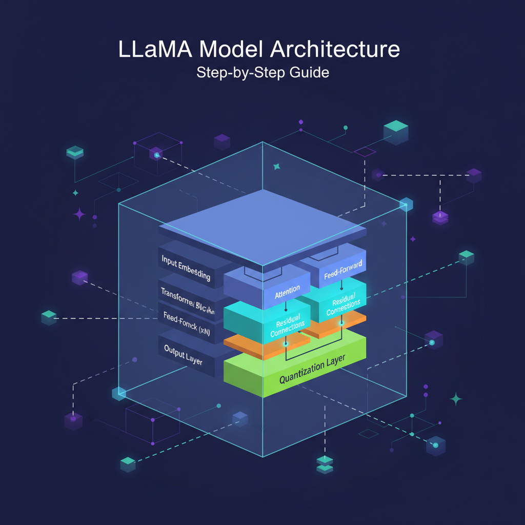 /llama model architecture diagram with quantization layers glowing, decentralized nodes in background, energetic sci-fi art