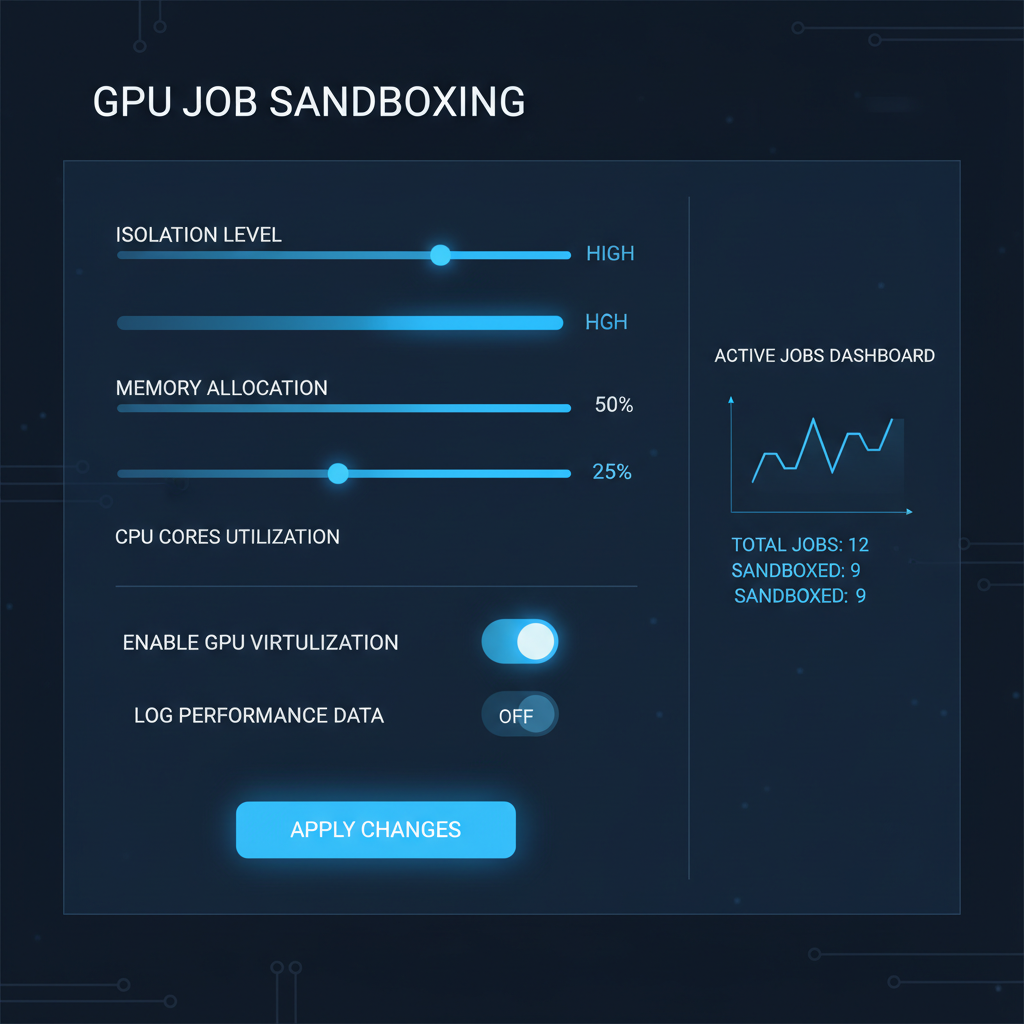 app settings screen configuring sandboxed GPU jobs, sliders and toggles, dashboard interface, blue holographic