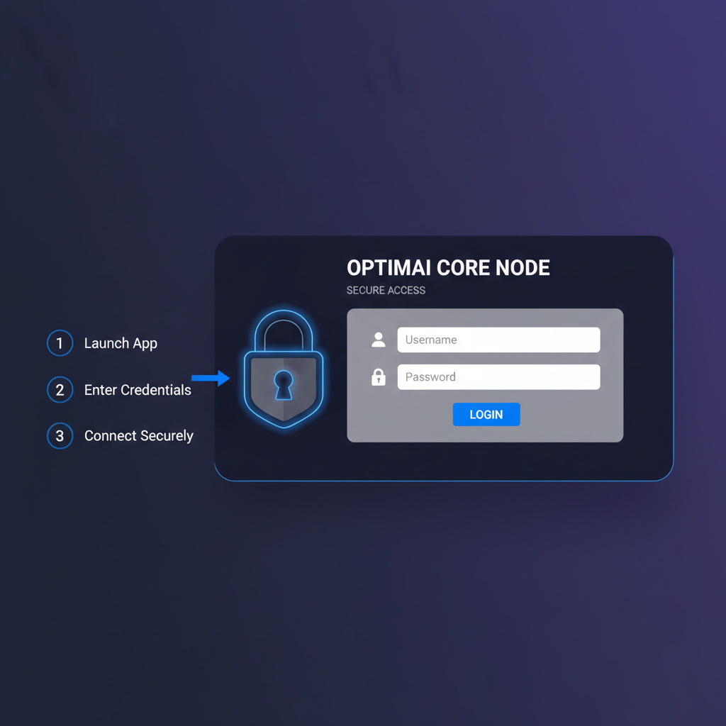 login screen of OptimAI Core Node desktop app, credentials form, secure lock icon, modern dark UI