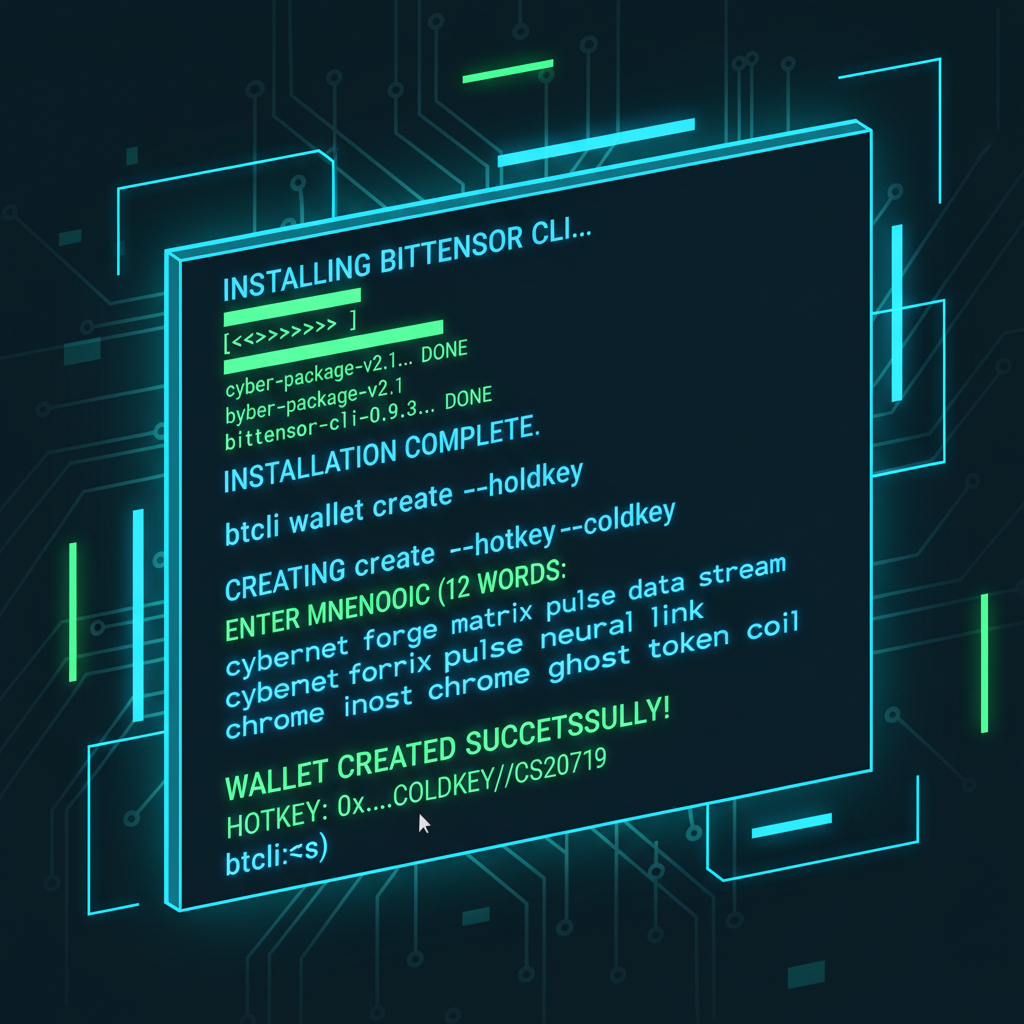 /terminal window installing bittensor cli, creating wallet, futuristic cyberpunk style, vibrant neon blues and greens