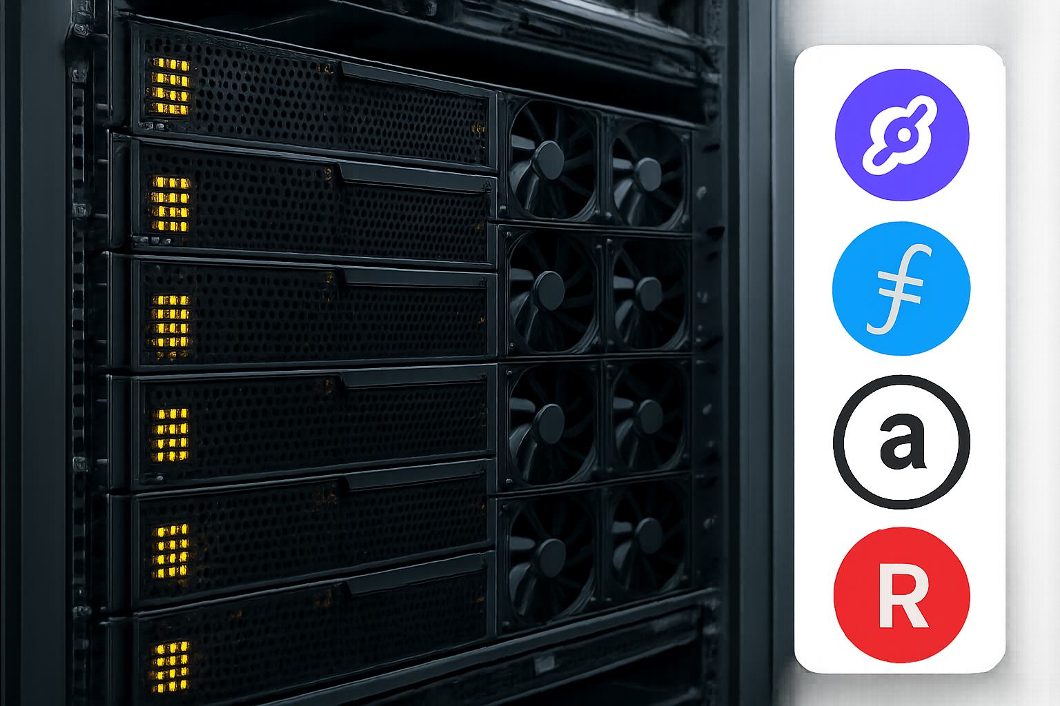 High-density GPU server rack with DePIN network logos overlayed, illustrating decentralized GPU networks powering scalable AI inference.